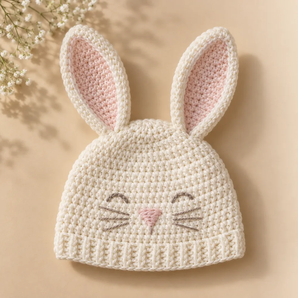 Touca de bebê em crochê no formato de coelhinho creme, versão de verão em linha fina de algodão