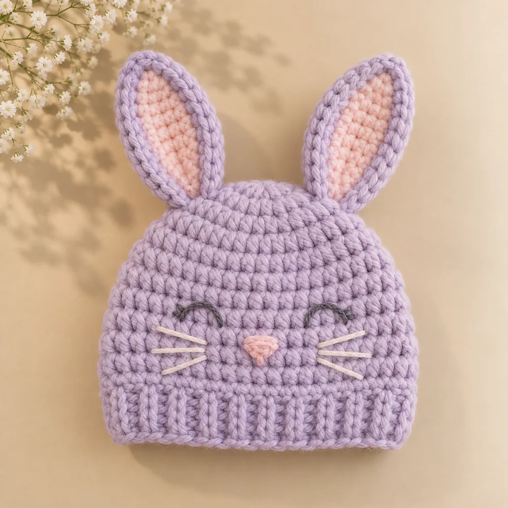 Touca de bebê em crochê no formato de coelhinho lilás, versão de inverno em lã macia