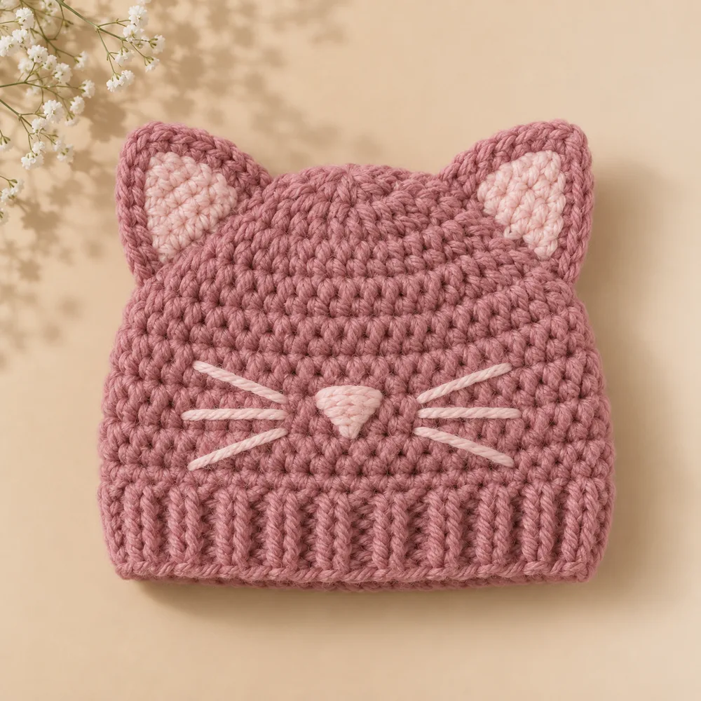 Touca de bebê em crochê no formato de gatinho rosé, versão de inverno em lã macia