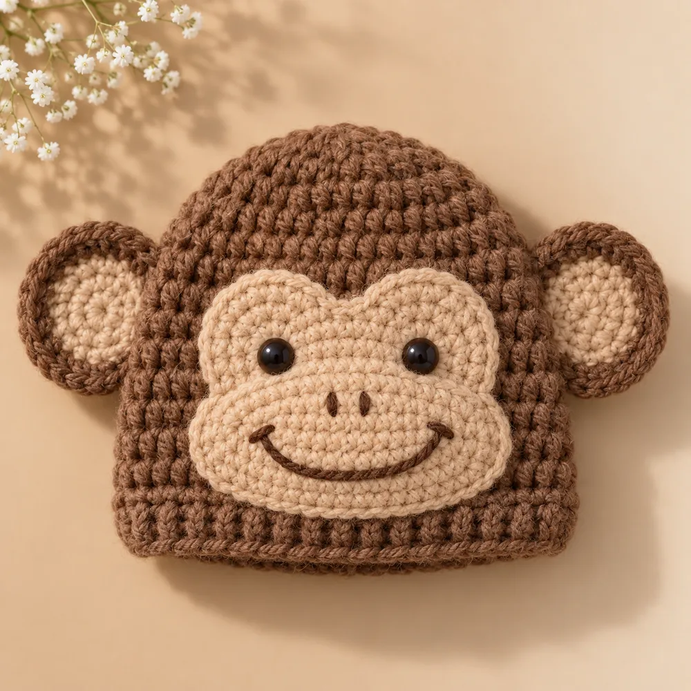 Touca de bebê em crochê no formato de macaquinho, versão de inverno em lã macia