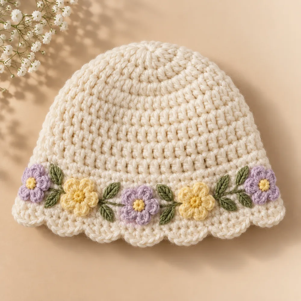 Touca de bebê em crochê no formato de florzinha, versão de inverno em lã macia