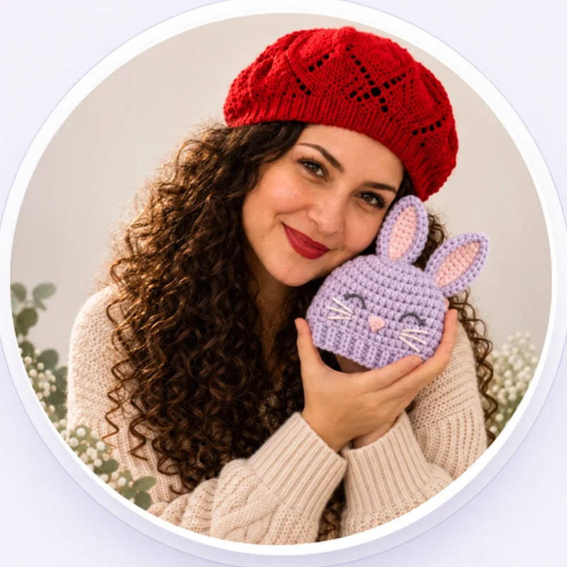 Maria Dornel, segurando uma touca de bebê em crochê com carinha de ursinho
